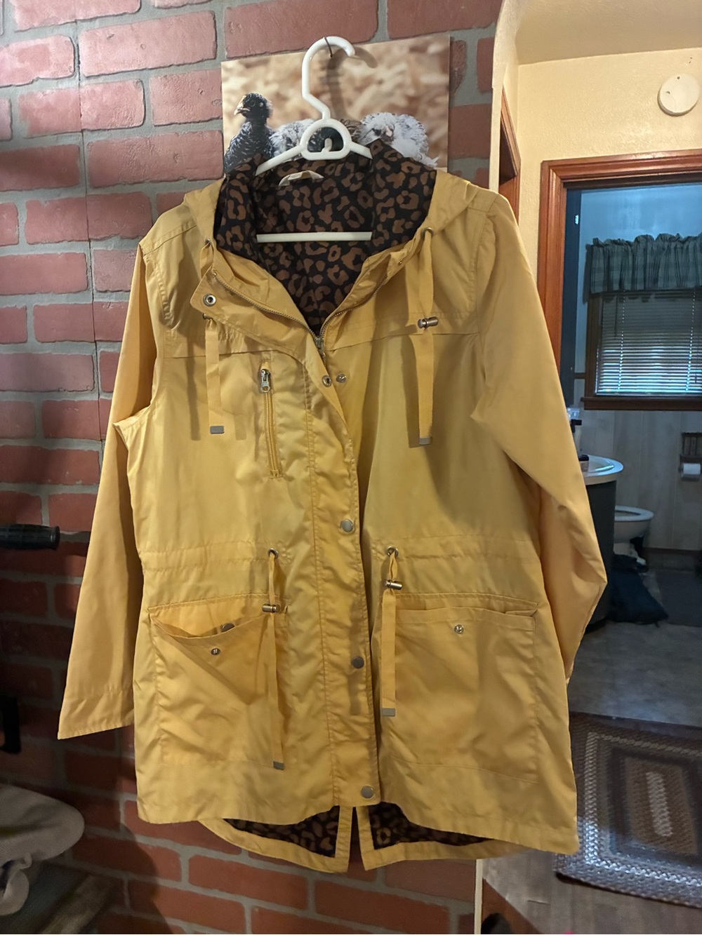 Time and Tru Yellow Hooded Trench Coat with Leopard Lining